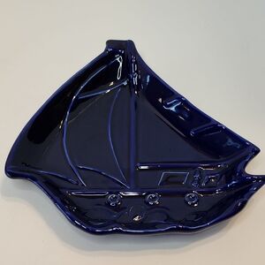 SAILBOAT, Deep Blue Ceramic  Decorative TRINKET or CANDY Dish Or Plate